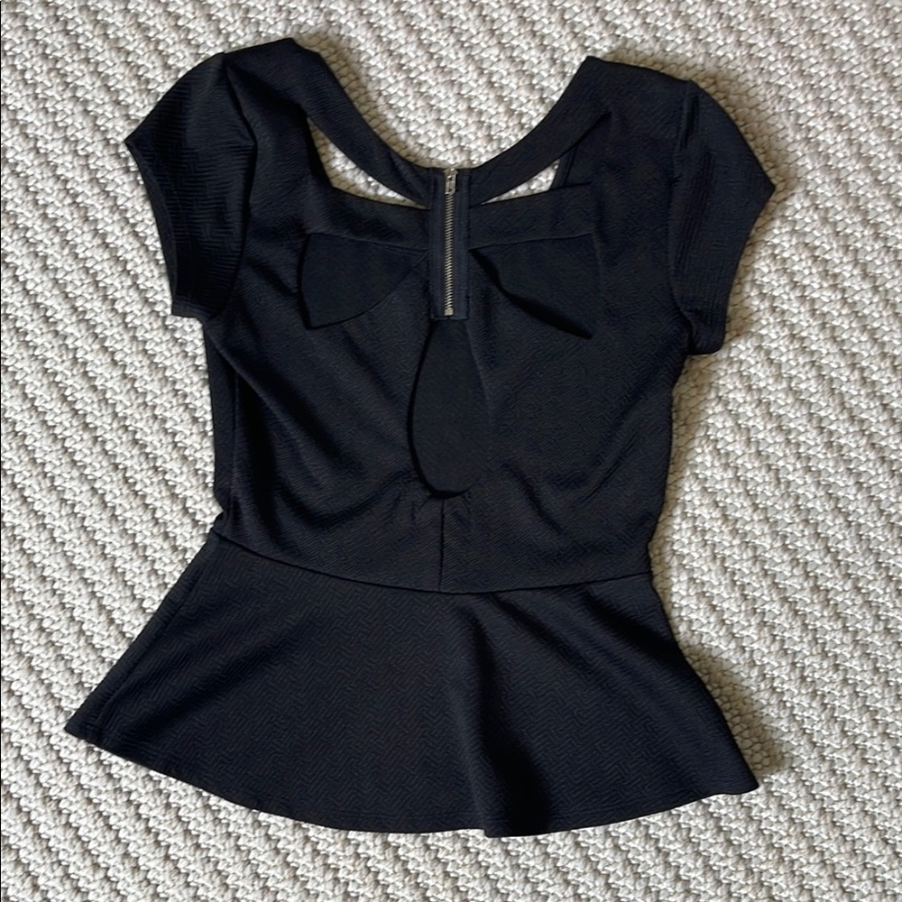 Black Peplum Blouse with Cap Sleeves and Cut Out